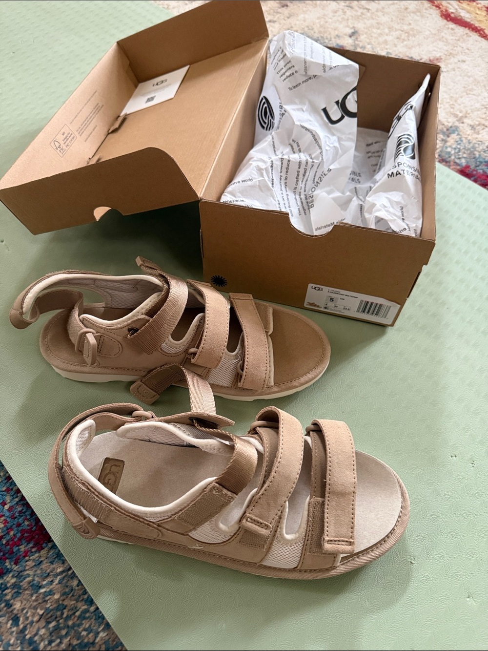 UGG Kids Beige/Tan Triple-Strap Sandals